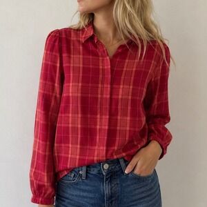 Biltmore‎ Red Plaid Button Up Blouse Puff Sleeve Small Academia Preppy Cottage